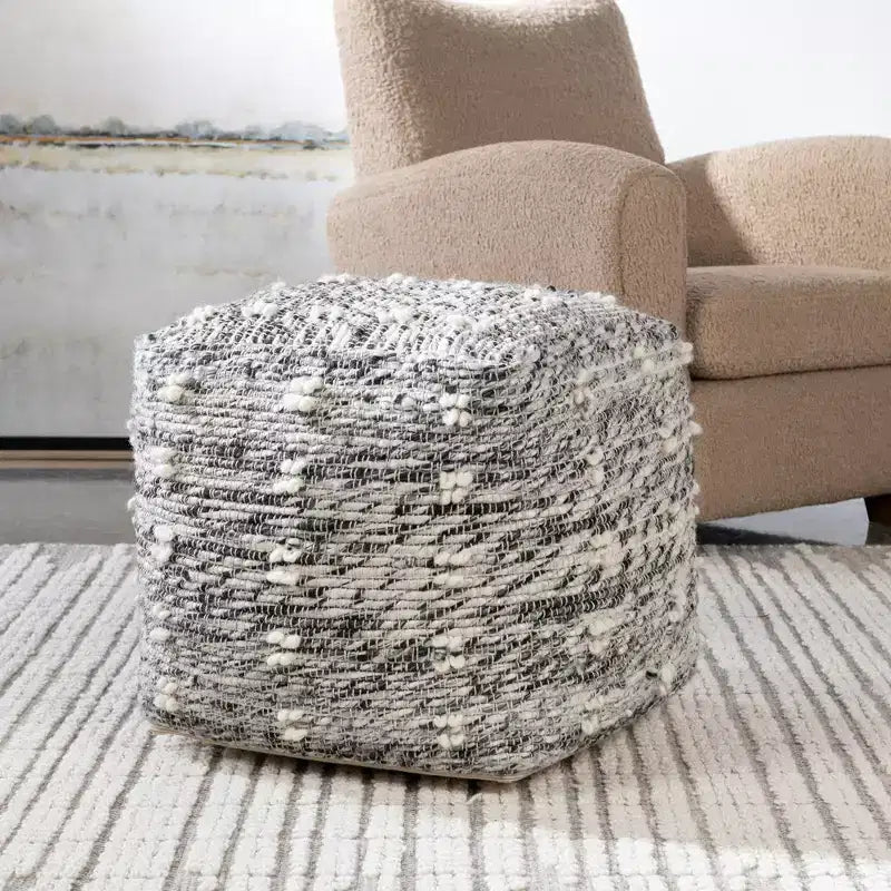 Square Pouf Ottoman – Hand-Woven Cotton, Charcoal & Black