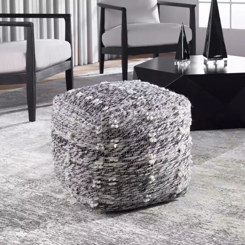 Square Pouf Ottoman – Hand-Woven Cotton, Charcoal & Black