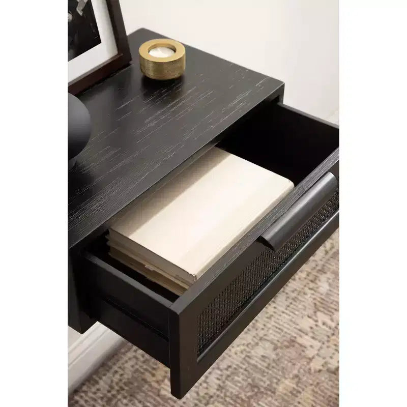 Floating Side Table with Rattan Drawer, 18x13x6, Black