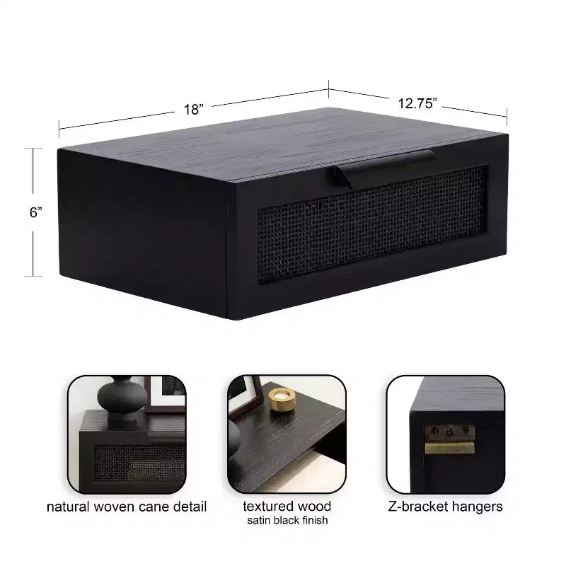 Floating Side Table with Rattan Drawer, 18x13x6, Black