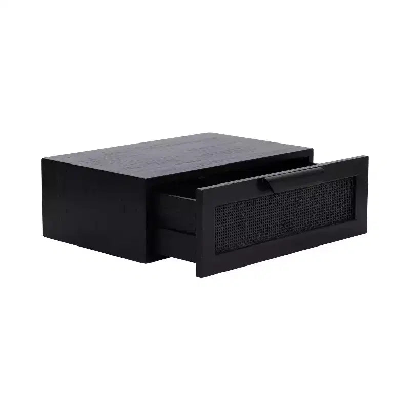 Floating Side Table with Rattan Drawer, 18x13x6, Black