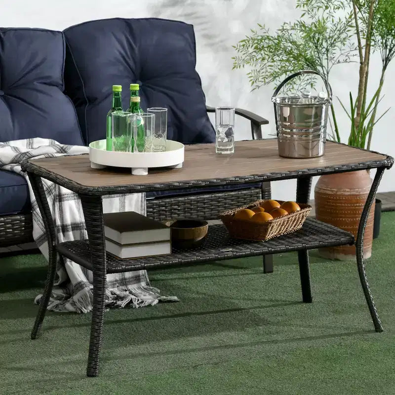 Patio PE Rattan Outdoor Coffee Table with Storage Shelf and Wood-Plastic Composite Top, Mixed Brown