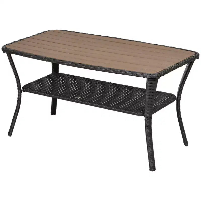 Patio PE Rattan Outdoor Coffee Table with Storage Shelf and Wood-Plastic Composite Top, Mixed Brown