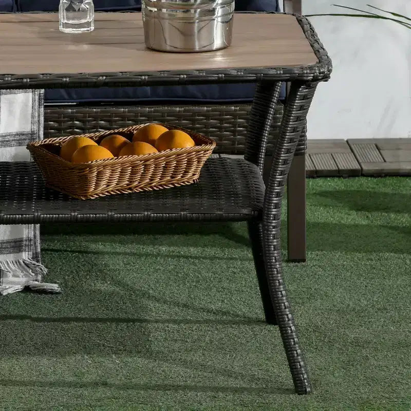 Patio PE Rattan Outdoor Coffee Table with Storage Shelf and Wood-Plastic Composite Top, Mixed Brown