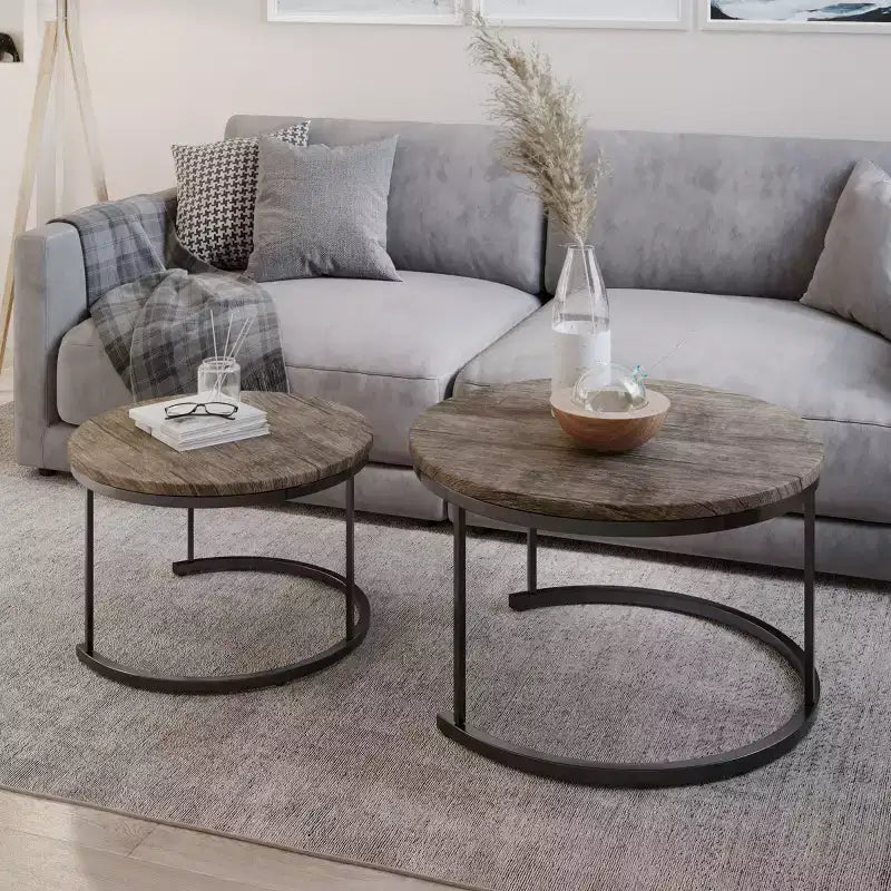 Set of 2 Round Nesting Coffee Tables with Metal Base