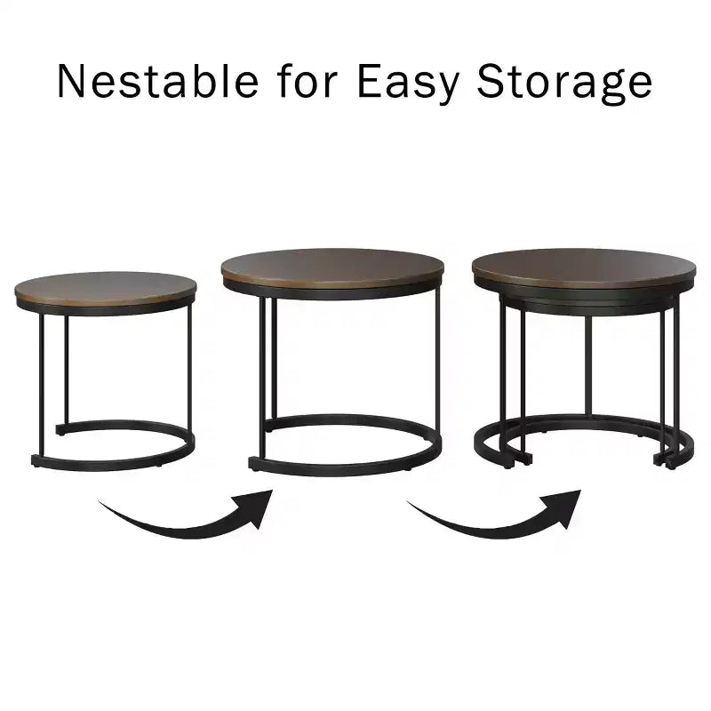 Set of 2 Round Nesting Coffee Tables with Metal Base