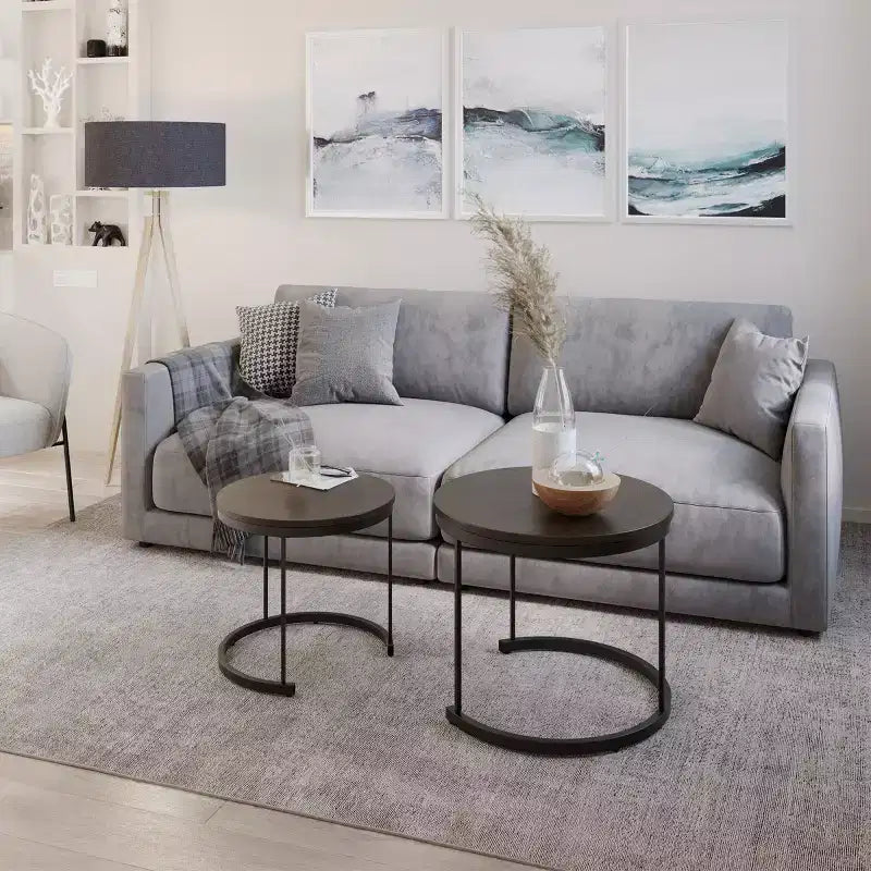 Set of 2 Round Nesting Coffee Tables with Metal Base