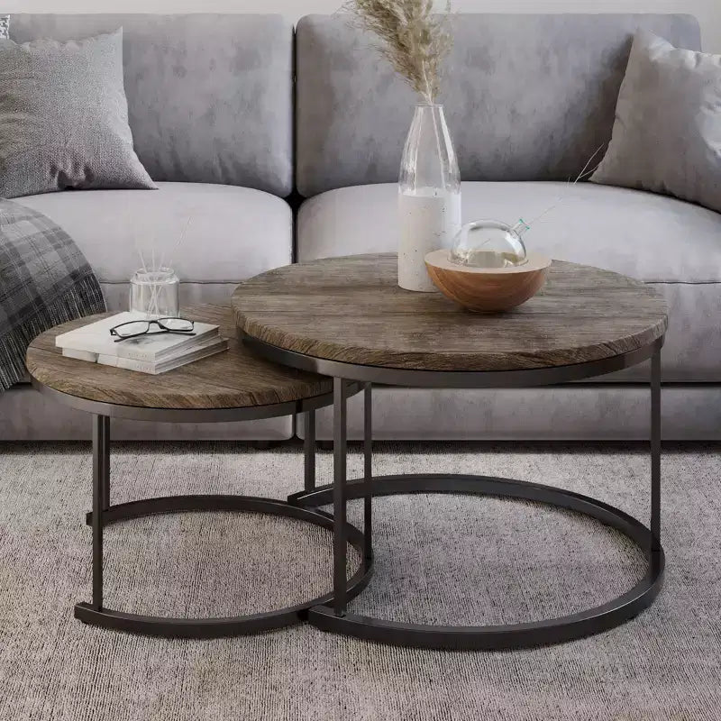 Set of 2 Round Nesting Coffee Tables with Metal Base
