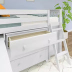 Letto a soppalco basso una piazza con scrivania estraibile e cassettiere a 3 cassetti