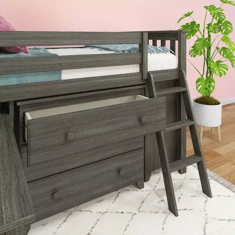 Twin-Size Low Loft Bed with Pull-Out Desk and 3-Drawer Dressers