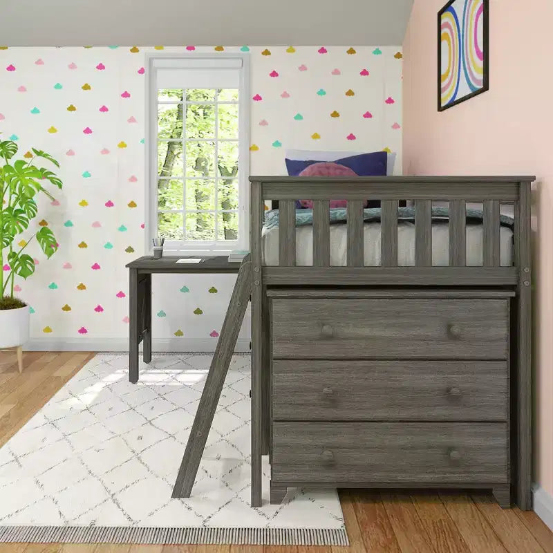 Twin-Size Low Loft Bed with Pull-Out Desk and 3-Drawer Dressers