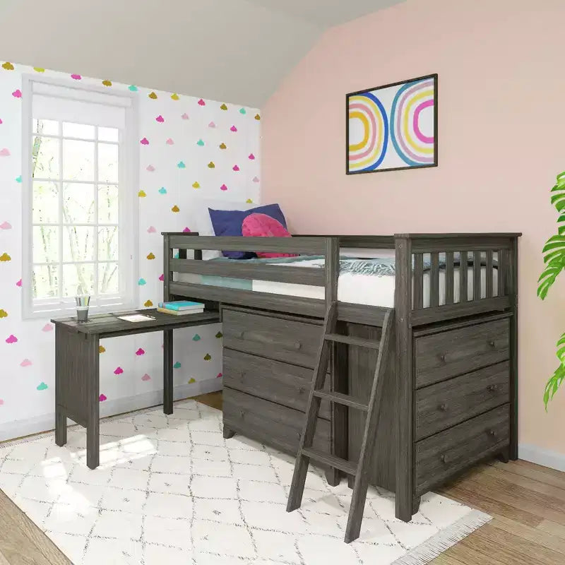 Twin-Size Low Loft Bed with Pull-Out Desk and 3-Drawer Dressers