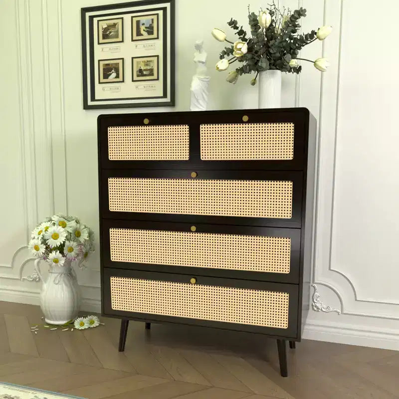 6/4-Drawer Dresser with Rattan Detail and Metal Handles, Storage Chest for Bedroom