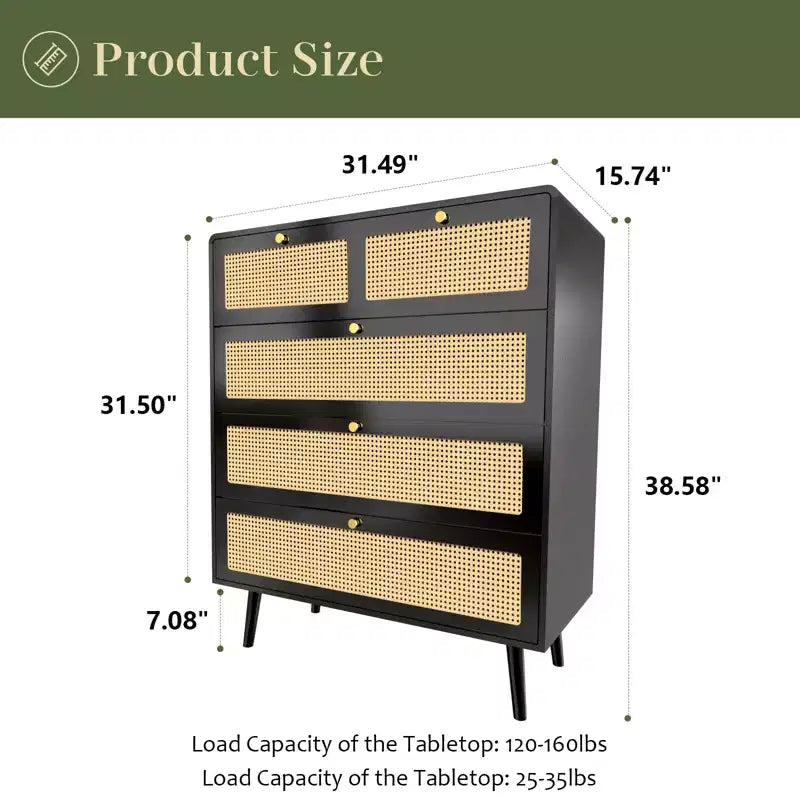6/4-Drawer Dresser with Rattan Detail and Metal Handles, Storage Chest for Bedroom