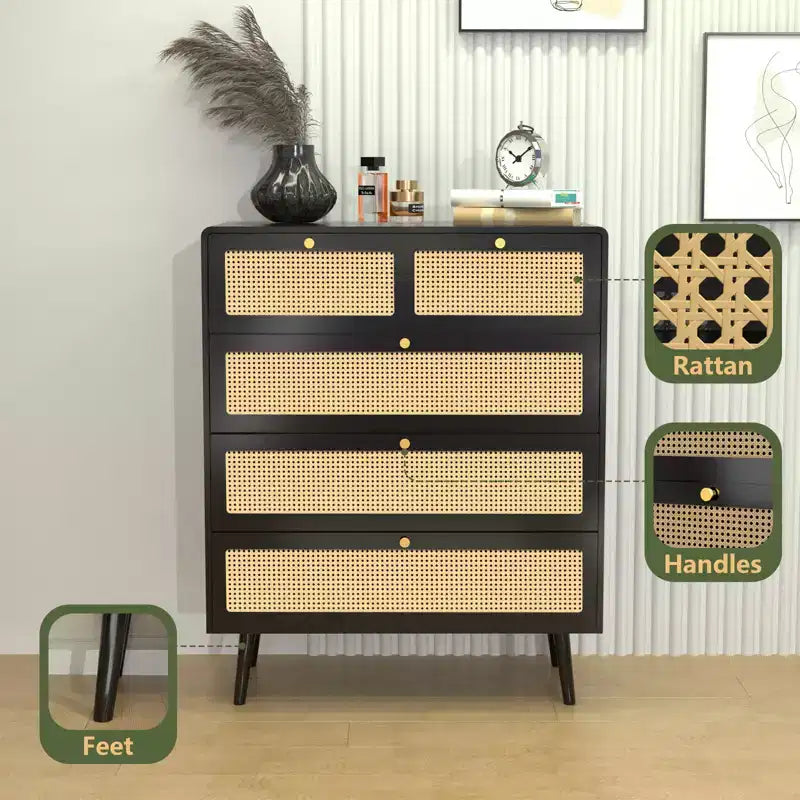 6/4-Drawer Dresser with Rattan Detail and Metal Handles, Storage Chest for Bedroom