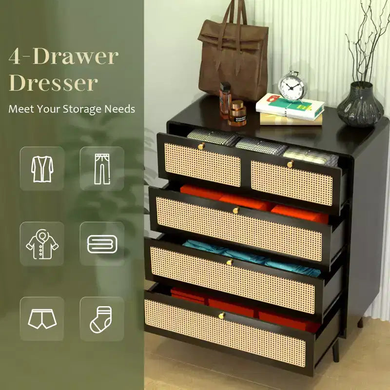 6/4-Drawer Dresser with Rattan Detail and Metal Handles, Storage Chest for Bedroom