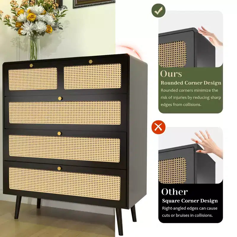 6/4-Drawer Dresser with Rattan Detail and Metal Handles, Storage Chest for Bedroom