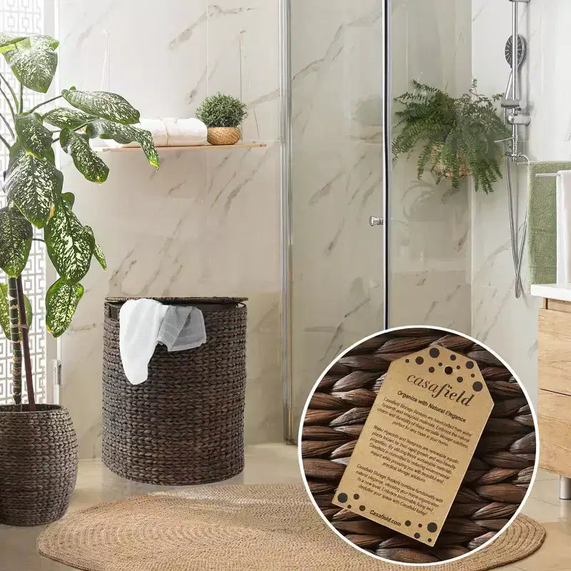 Half Moon Laundry Hamper with Lid and Removable Liner Bag, Woven Water Hyacinth Basket for Clothes and Towels