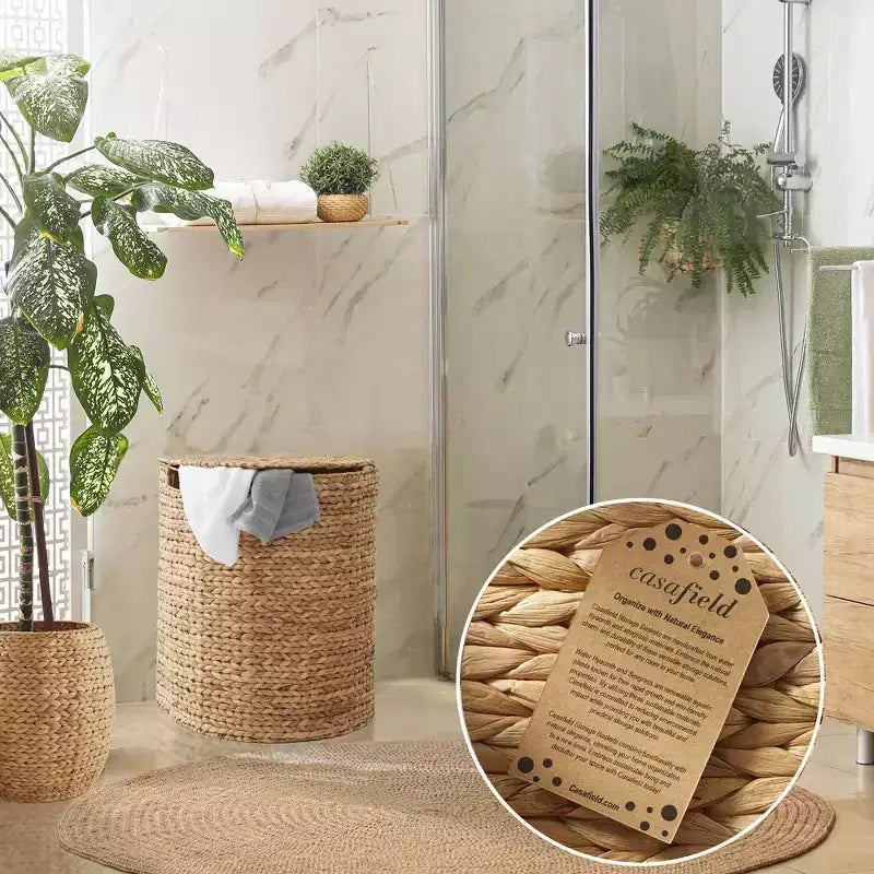 Half Moon Laundry Hamper with Lid and Removable Liner Bag, Woven Water Hyacinth Basket for Clothes and Towels