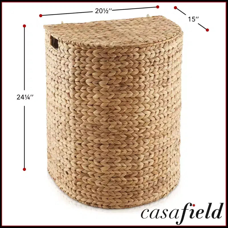 Half Moon Laundry Hamper with Lid and Removable Liner Bag, Woven Water Hyacinth Basket for Clothes and Towels