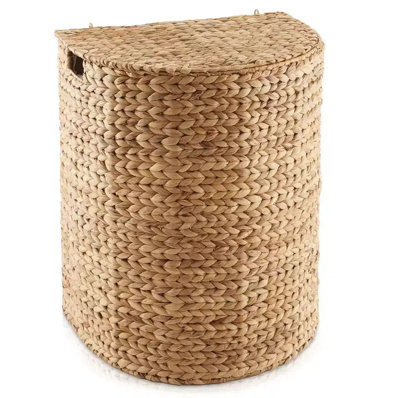 Half Moon Laundry Hamper with Lid and Removable Liner Bag, Woven Water Hyacinth Basket for Clothes and Towels