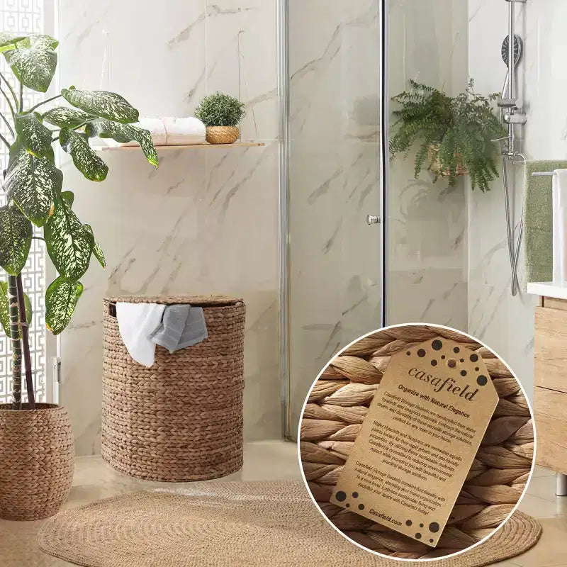 Half Moon Laundry Hamper with Lid and Removable Liner Bag, Woven Water Hyacinth Basket for Clothes and Towels