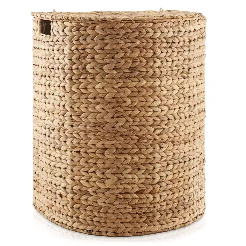 Half Moon Laundry Hamper with Lid and Removable Liner Bag, Woven Water Hyacinth Basket for Clothes and Towels