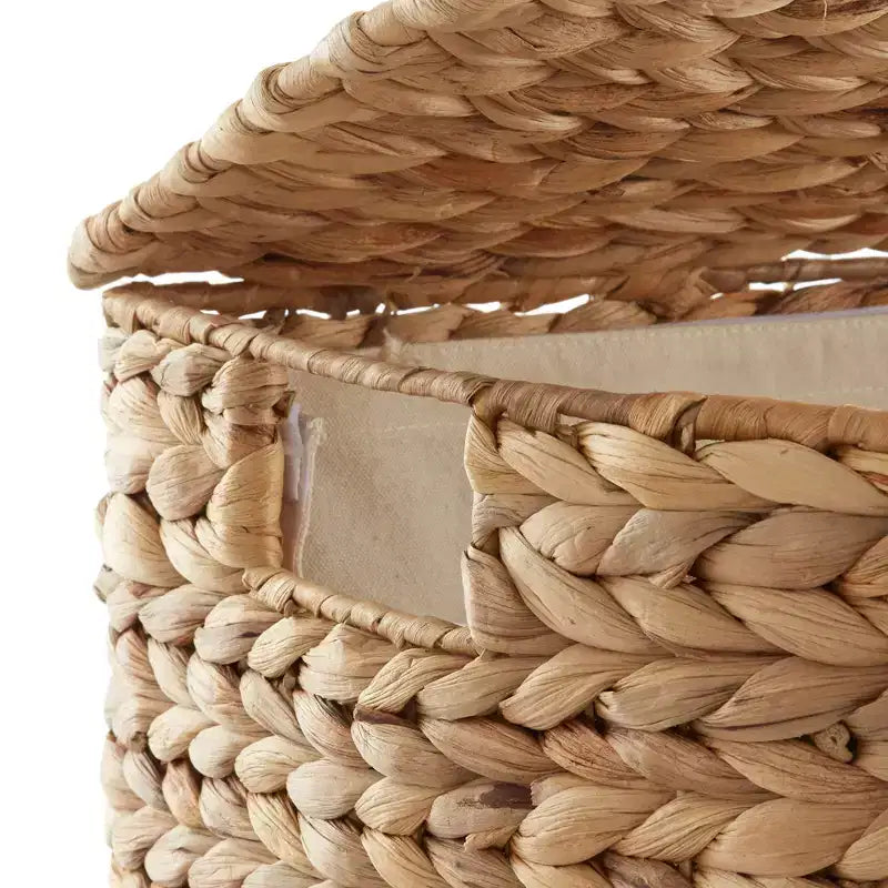 Half Moon Laundry Hamper with Lid and Removable Liner Bag, Woven Water Hyacinth Basket for Clothes and Towels