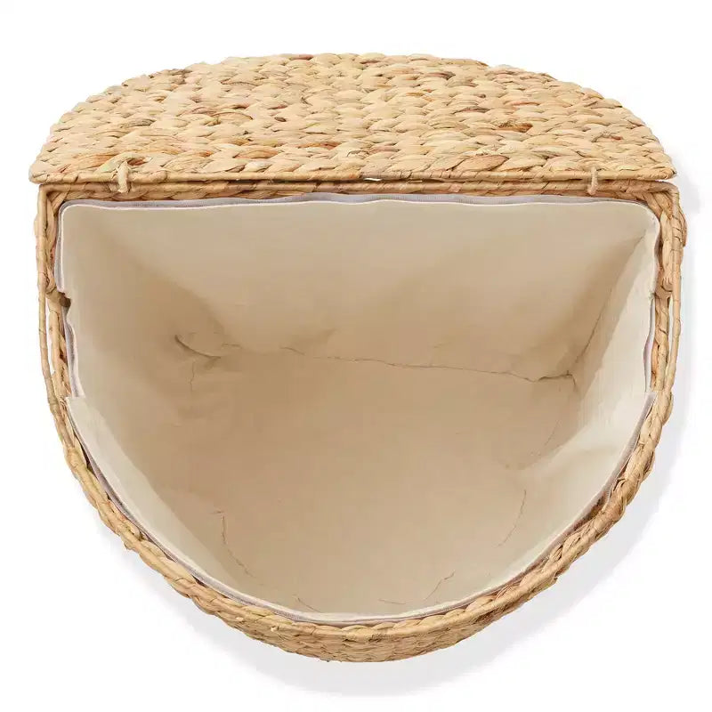 Half Moon Laundry Hamper with Lid and Removable Liner Bag, Woven Water Hyacinth Basket for Clothes and Towels