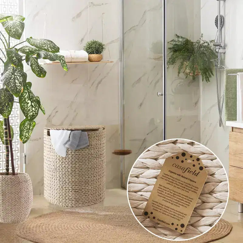 Half Moon Laundry Hamper with Lid and Removable Liner Bag, Woven Water Hyacinth Basket for Clothes and Towels