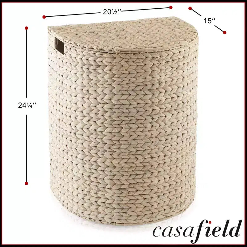 Half Moon Laundry Hamper with Lid and Removable Liner Bag, Woven Water Hyacinth Basket for Clothes and Towels