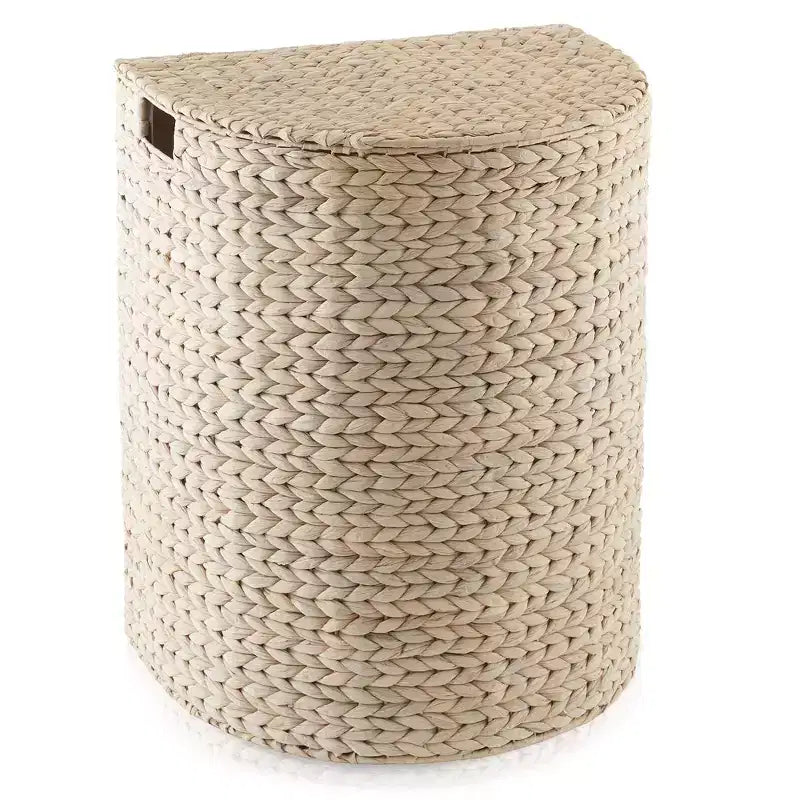 Half Moon Laundry Hamper with Lid and Removable Liner Bag, Woven Water Hyacinth Basket for Clothes and Towels