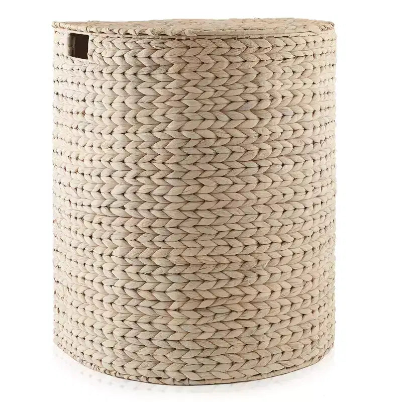 Half Moon Laundry Hamper with Lid and Removable Liner Bag, Woven Water Hyacinth Basket for Clothes and Towels
