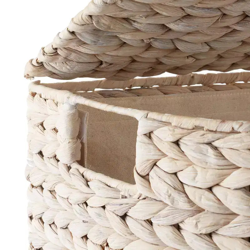 Half Moon Laundry Hamper with Lid and Removable Liner Bag, Woven Water Hyacinth Basket for Clothes and Towels