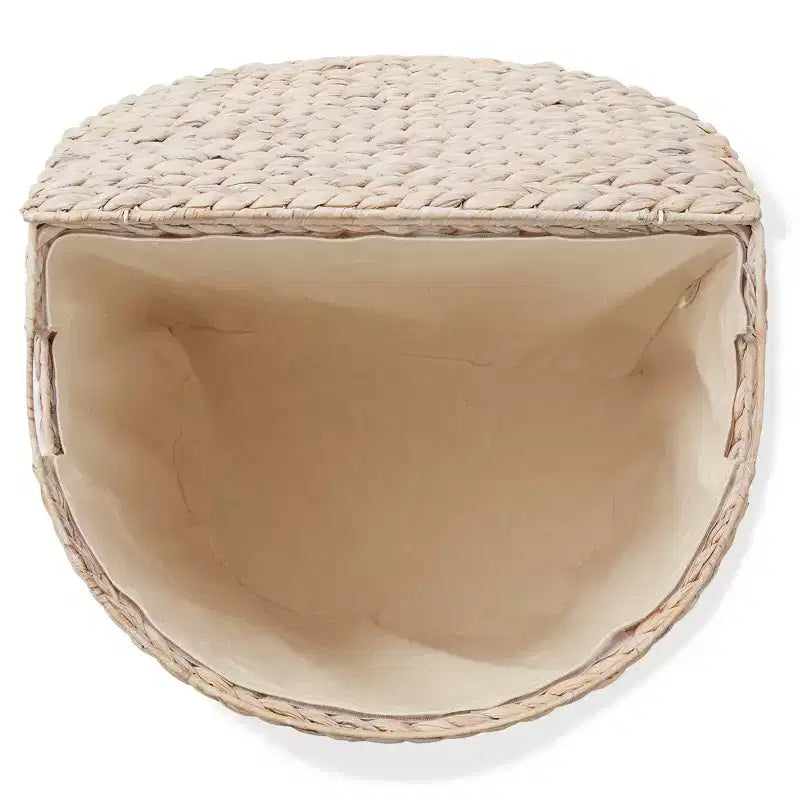 Half Moon Laundry Hamper with Lid and Removable Liner Bag, Woven Water Hyacinth Basket for Clothes and Towels