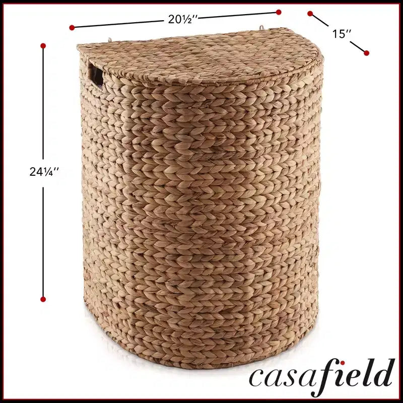 Half Moon Laundry Hamper with Lid and Removable Liner Bag, Woven Water Hyacinth Basket for Clothes and Towels