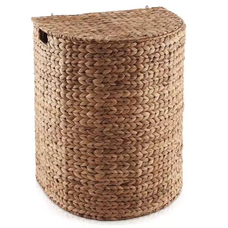 Half Moon Laundry Hamper with Lid and Removable Liner Bag, Woven Water Hyacinth Basket for Clothes and Towels