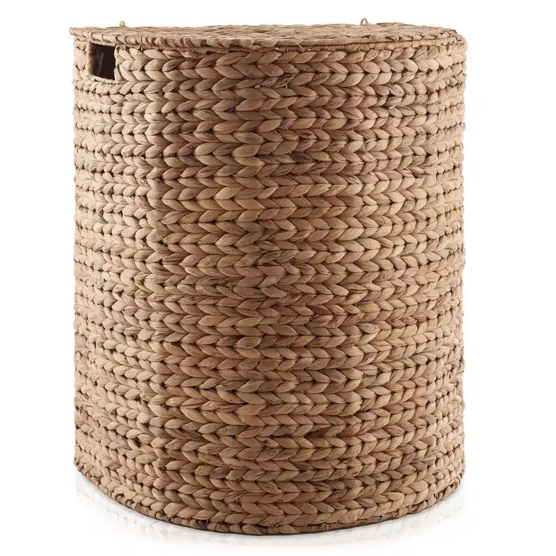 Half Moon Laundry Hamper with Lid and Removable Liner Bag, Woven Water Hyacinth Basket for Clothes and Towels