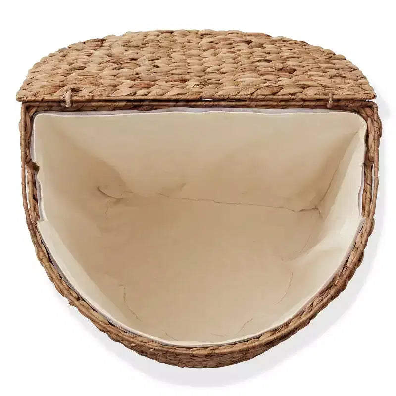 Half Moon Laundry Hamper with Lid and Removable Liner Bag, Woven Water Hyacinth Basket for Clothes and Towels