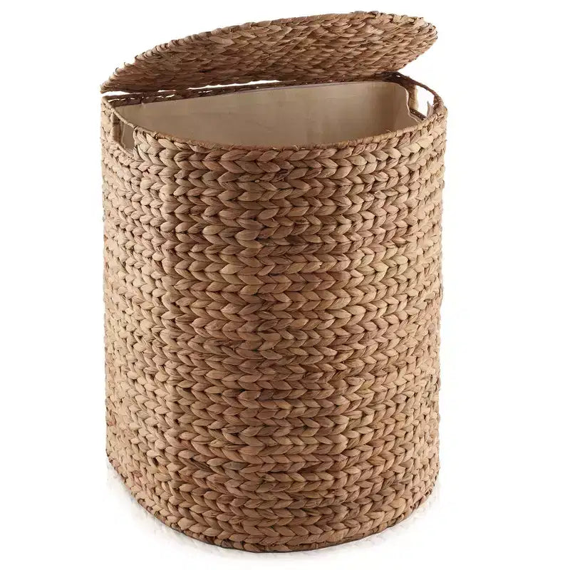 Half Moon Laundry Hamper with Lid and Removable Liner Bag, Woven Water Hyacinth Basket for Clothes and Towels