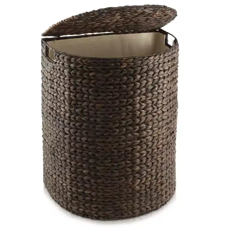 Half Moon Laundry Hamper with Lid and Removable Liner Bag, Woven Water Hyacinth Basket for Clothes and Towels
