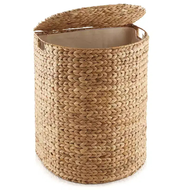 Half Moon Laundry Hamper with Lid and Removable Liner Bag, Woven Water Hyacinth Basket for Clothes and Towels