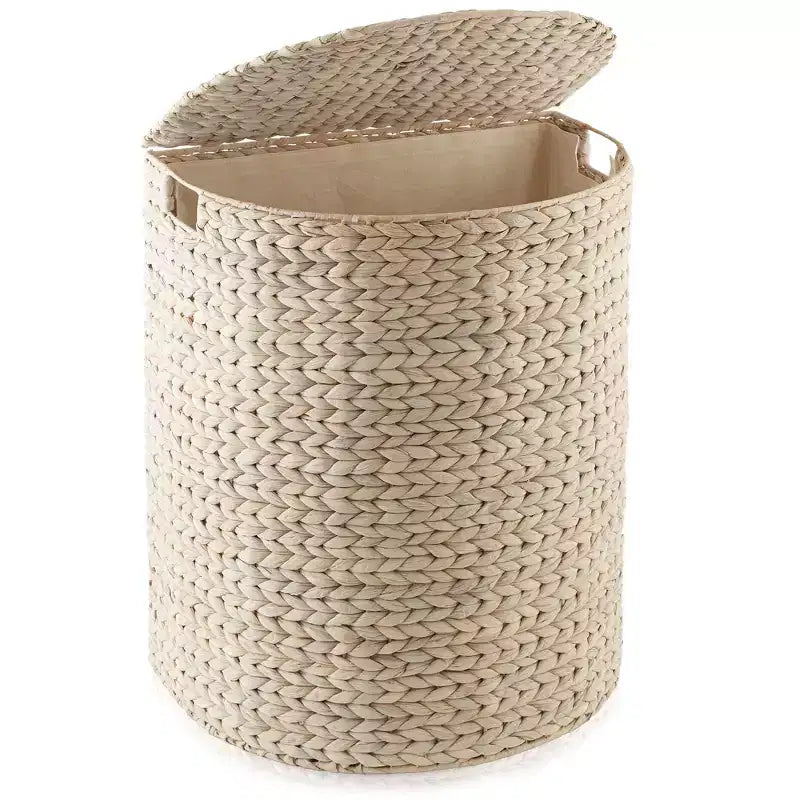 Half Moon Laundry Hamper with Lid and Removable Liner Bag, Woven Water Hyacinth Basket for Clothes and Towels