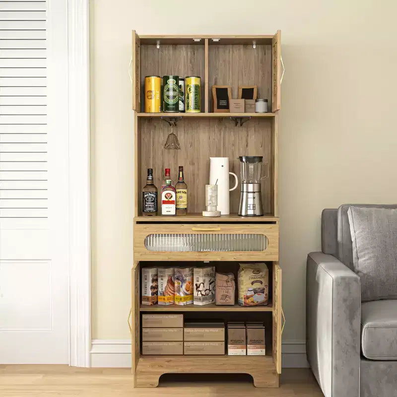 67''/71 Tall Freestanding Kitchen Buffet Cabinet with Doors and Drawer, Natural