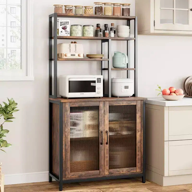 5-Shelf Bakers Rack with 2-Door Cabinet and Microwave Stand, Industrial Style, 31.4"W x 15.7"D x 64.5"H