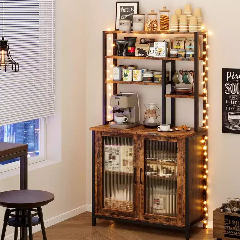 5-Shelf Bakers Rack with 2-Door Cabinet and Microwave Stand, Industrial Style, 31.4"W x 15.7"D x 64.5"H