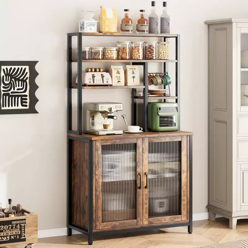 5-Shelf Bakers Rack with 2-Door Cabinet and Microwave Stand, Industrial Style, 31.4"W x 15.7"D x 64.5"H