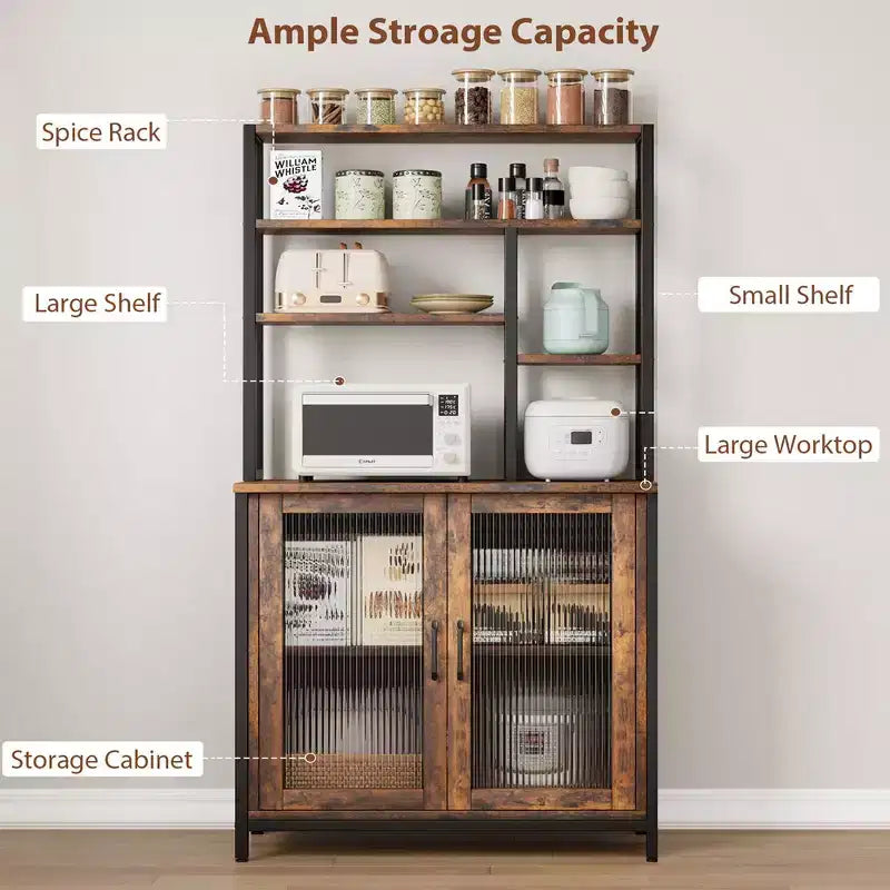5-Shelf Bakers Rack with 2-Door Cabinet and Microwave Stand, Industrial Style, 31.4"W x 15.7"D x 64.5"H