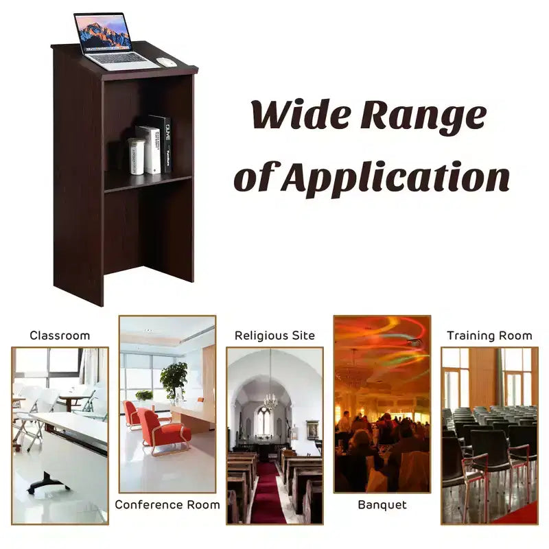 Wooden Floor Standing Podium with Adjustable Shelf, Pen Tray & Cable Holes
