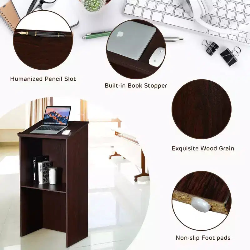 Wooden Floor Standing Podium with Adjustable Shelf, Pen Tray & Cable Holes
